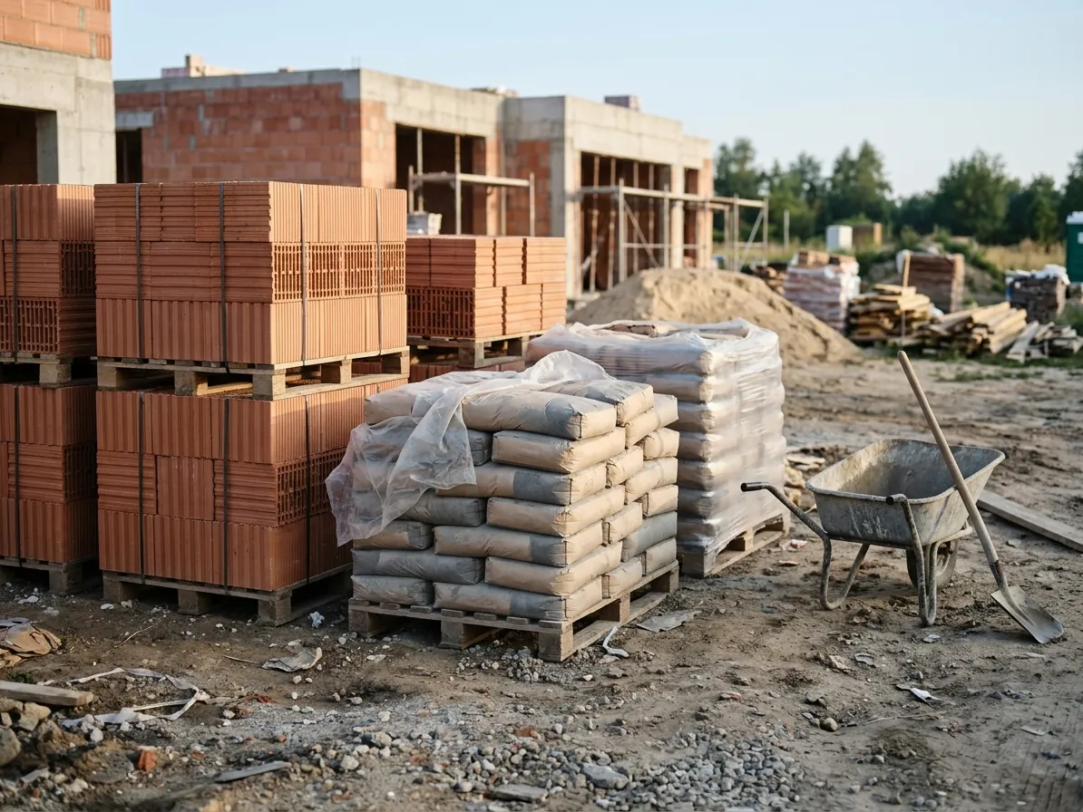 Palety z bloczkami ceramicznymi na placu budowy