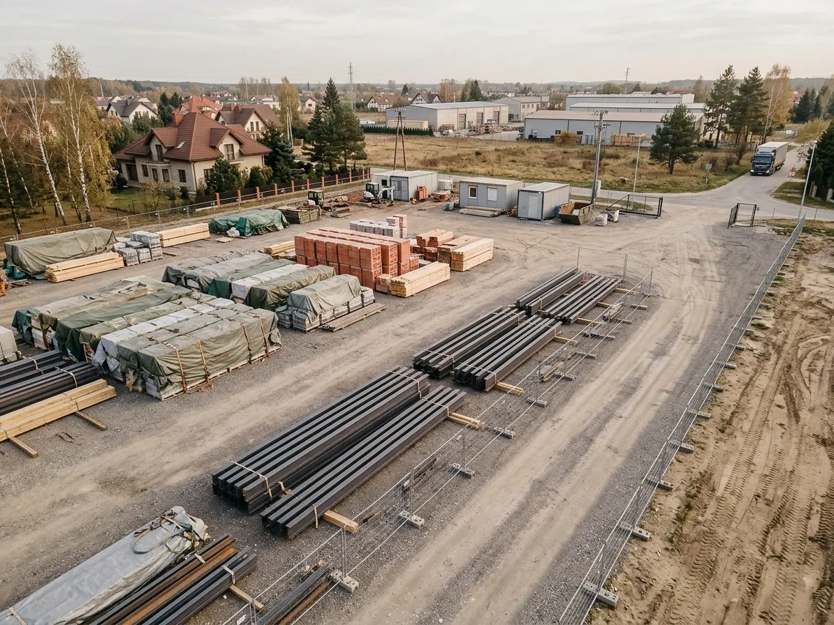 Uporządkowany plac budowy z materiałami i dostawą